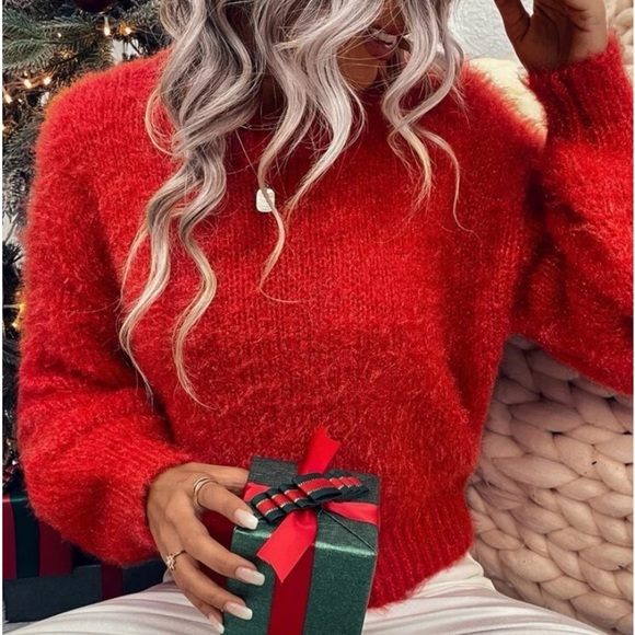 New red fuzzy long sleeve sweater - Picture 6 of 6